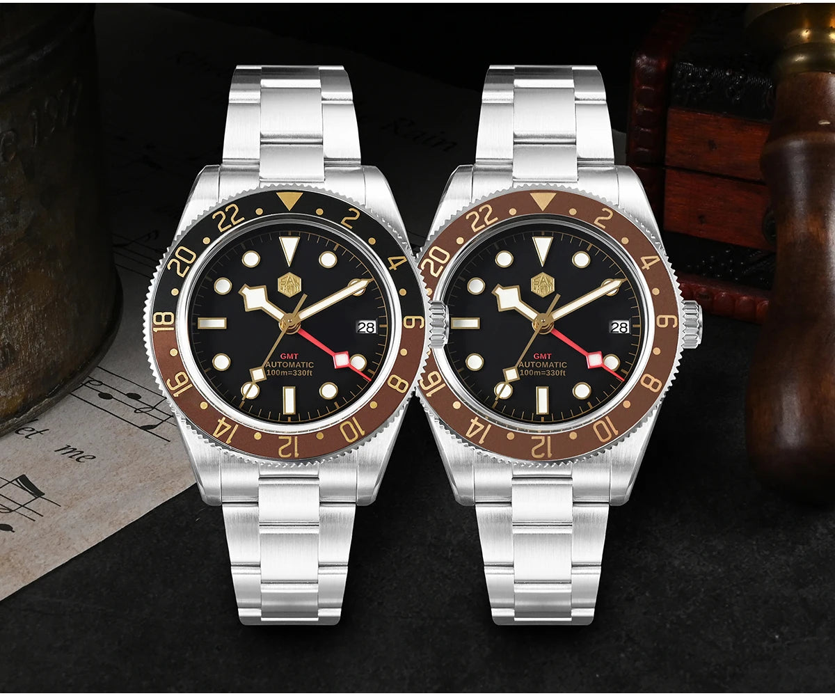 San Martin 39mm NH34 GMT Men's Luxury Watch Bidirectional Aluminum Bezel Automatic Mechanical Sapphire 100M Waterproof SN0109