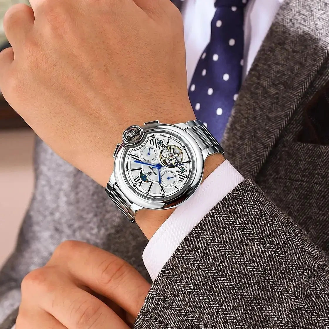 Ceas pentru bărbați POEDAGAR, stil luxos și profesional, cu afișaj al datei și al zilei, tourbillon, carcasă din oțel inoxidabil, mecanism mecanic automat și rezistență la apă.