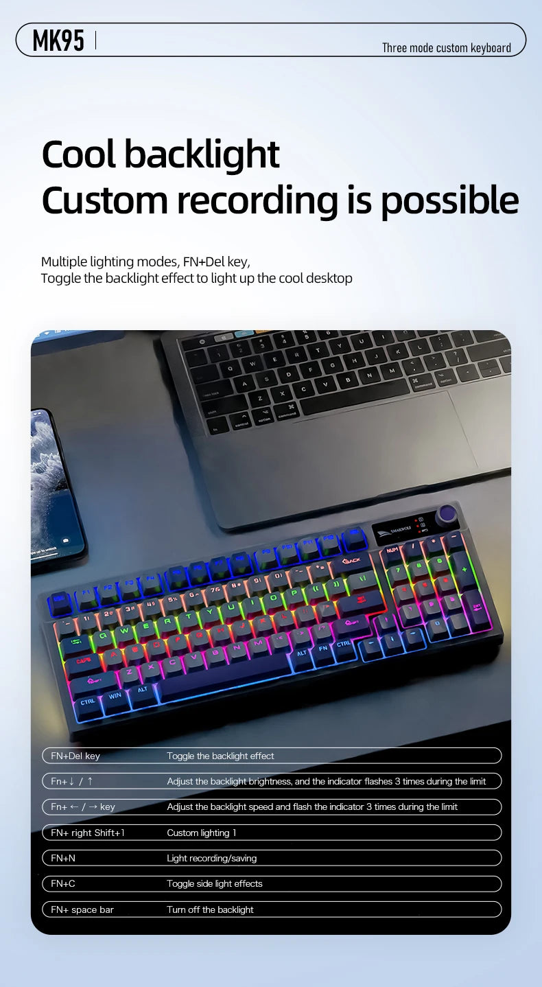 SMAILWOLF MK95 Bluetooth Wireless Korean Customized Mechanical Keyboard e-Sports 3 Modes Laptop Office Game Full Key Hot Swappable RGB Lighting Effects