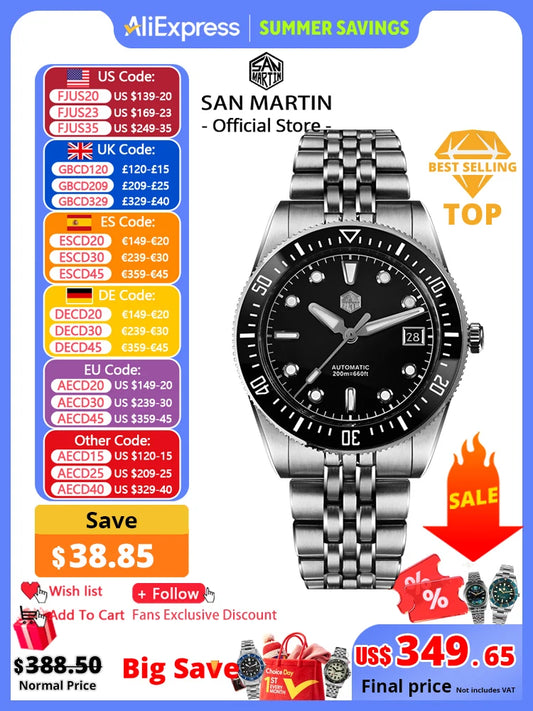 San Martin 37.5mm 40mm Classic Simple Dial Men Diver Watch Miyota 9015 Luxury Automatic Mechanical Watch Waterproof 200m SN0148