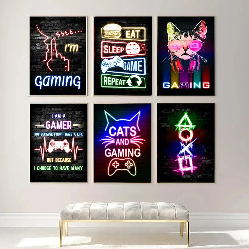 Poster „Nordic Cat and Gaming Controller Quotes“ – moderne Leinwandmalerei als Wandkunst und Wandbild für die Zimmerdekoration von Gamer-Jungen und -Mädchen (nicht Neon)