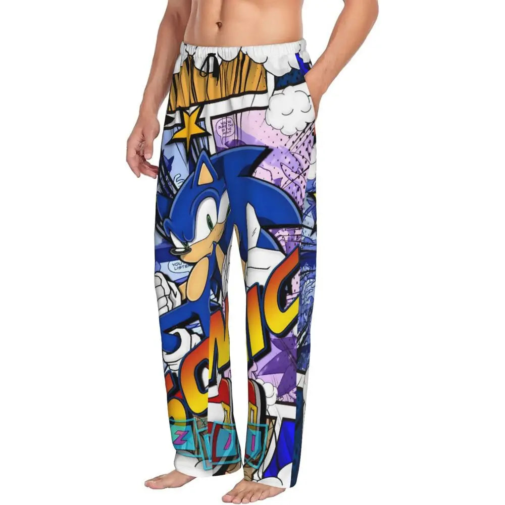 Pantalones de pijama personalizados para hombre con estampado «Soniced», con motivo de erizo, ropa de dormir, pantalones de estar por casa con bolsillos