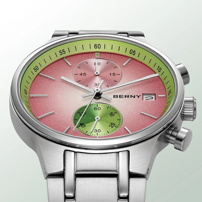 Montre pour homme BERNY – Chronographe multifonction à quartz, style décontracté et tendance, affichage de la date, aiguilles luminescentes, montre-bracelet sportive et colorée