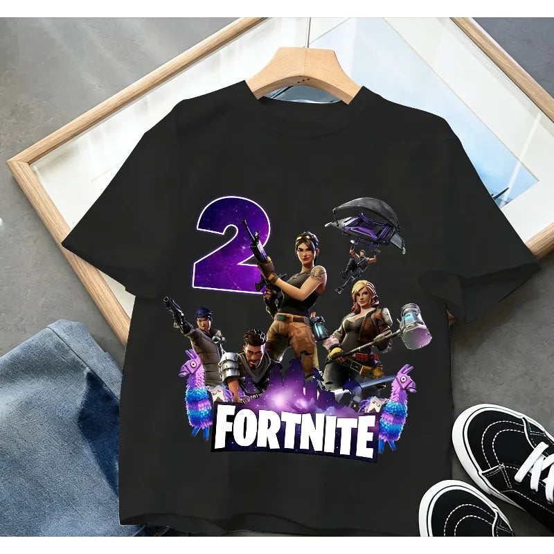 Dziecięca koszulka urodzinowa Fortnites z numerem dla dziewczynek i chłopców, letnia bawełniana koszulka dla niemowląt, imprezowy top z krótkim rękawem, prezent dla malucha
