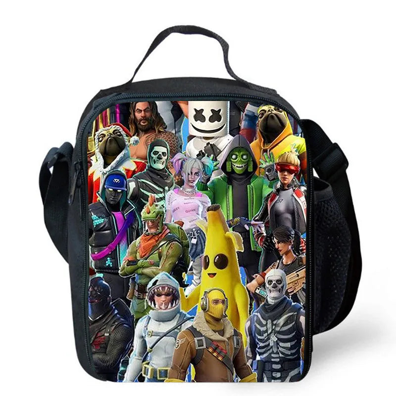 Fortnite Cartoon Lunch Bag for Boys Girls Unisex Reusable Insulated Lunch Box Portable Handbag Large Capacity for School Picnic