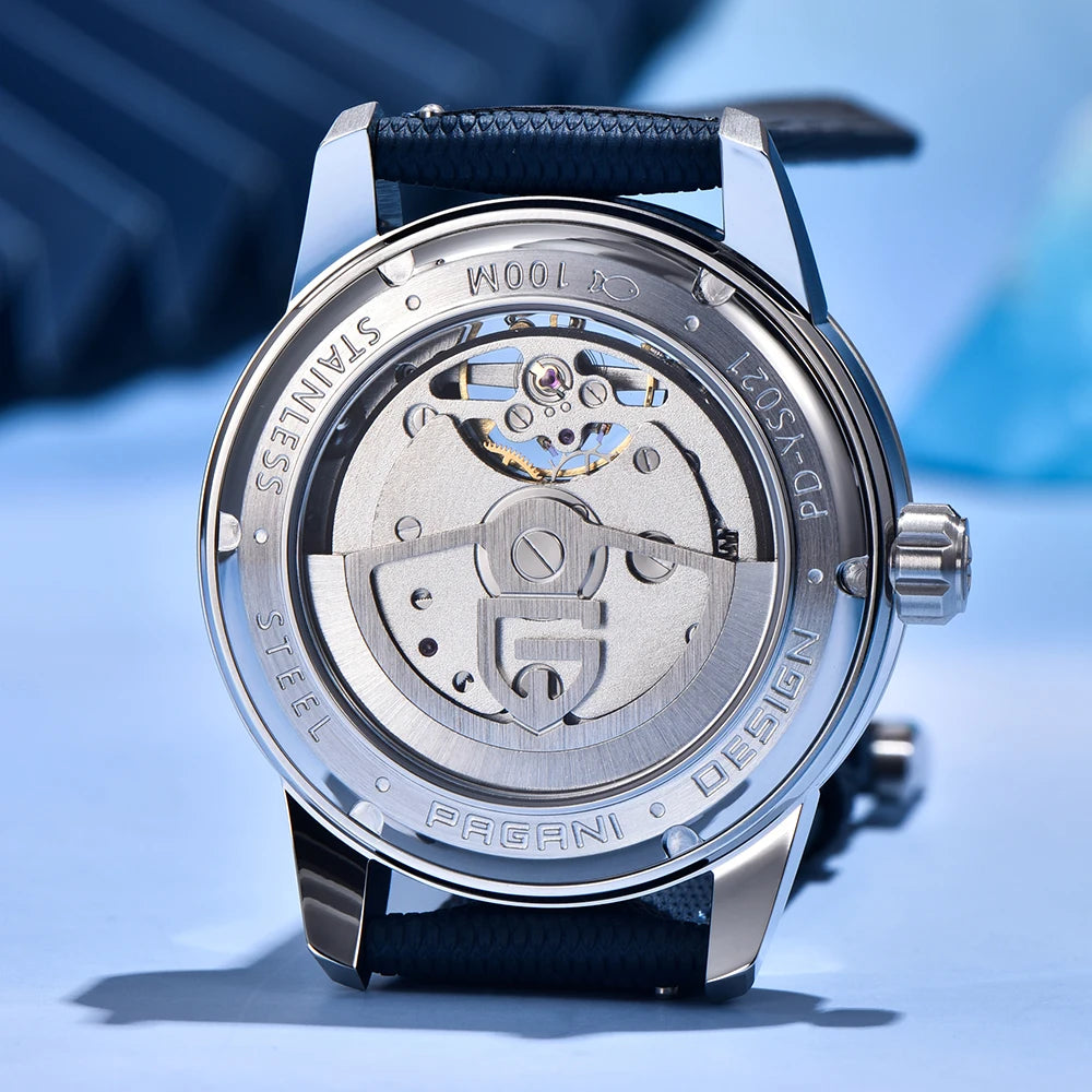 PAGANI DESIGN – Ceas mecanic de lux pentru bărbați, 41 mm, sticlă de safir, curea din piele, rezistent la apă, stil pilot, cu turbilion și fază lunară