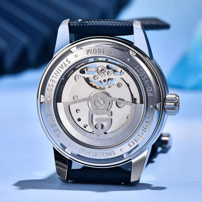PAGANI DESIGN – Ceas mecanic de lux pentru bărbați, 41 mm, sticlă de safir, curea din piele, rezistent la apă, stil pilot, cu turbilion și fază lunară