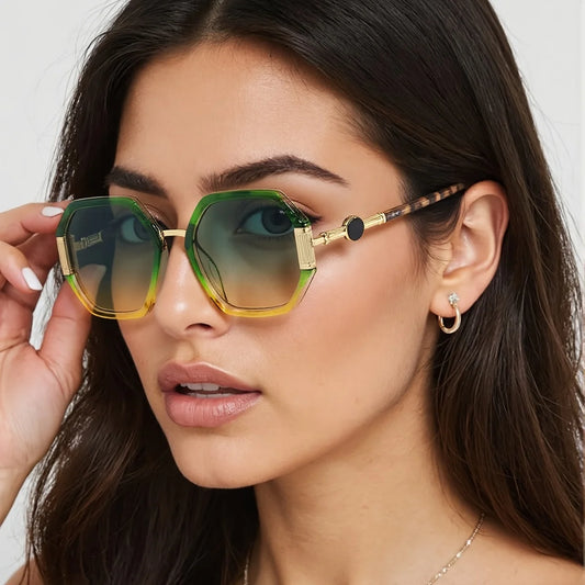Fashionable Sunglasses for Women Unique Octagonal Frame with Gradient Lenses, Sunglasses with Golden Legs Women Glasses