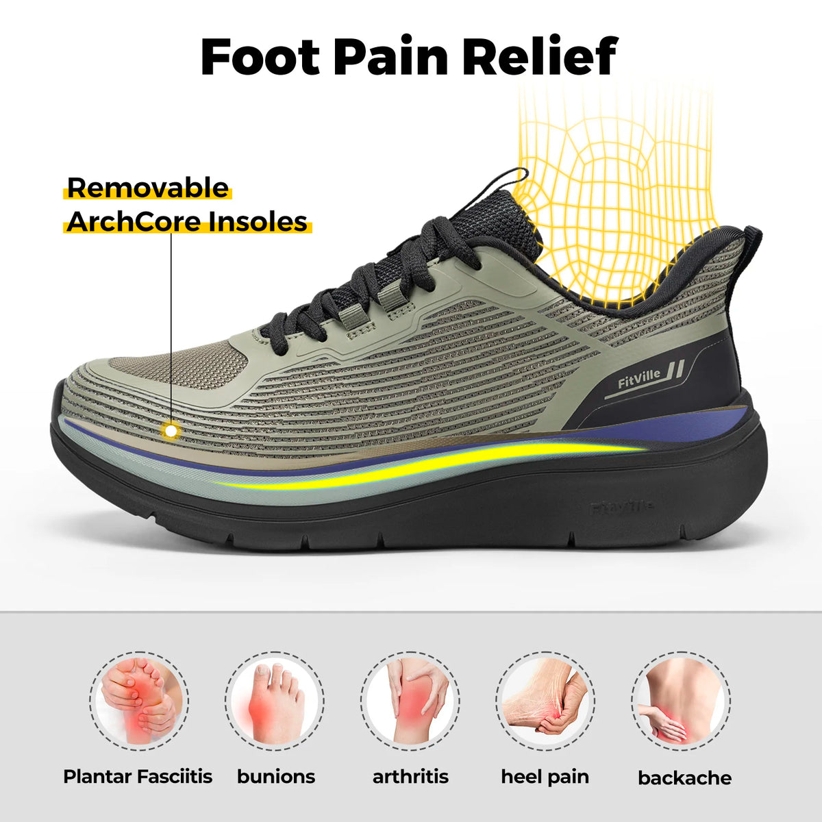 Fittington Men's Walking Shoes Extra Wide Sneakers Comfortable Lightweight Running Sports Shoes with Arch Support for Flat Feet