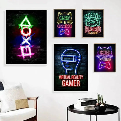 Poster „Nordic Cat and Gaming Controller Quotes“ – moderne Leinwandmalerei als Wandkunst und Wandbild für die Zimmerdekoration von Gamer-Jungen und -Mädchen (nicht Neon)