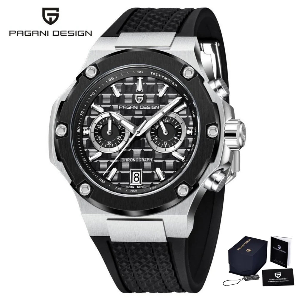 PAGANI DESIGN PD-YS032 Men's Quartz Watch 44mm Japan VK64 Movement Stainless Steel Case Rubber Strap Sapphire Glass 100M Waterproof