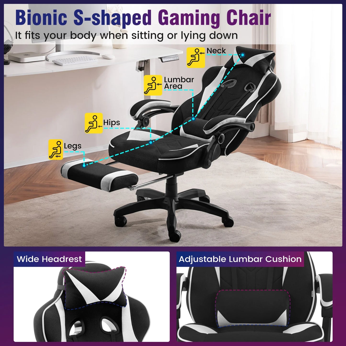 WOLTU Ergonomic Gamer Computer Chair Executive Office Chair Breathable Gaming Chair with Lumbar Cushion Headrest Footrest