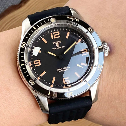 Tandorio NH35A PT5000 Mechanical Men's Watch 20BAR Waterproof Sapphire Luminous Red Black Dial Stainless Steel Bracelet New Clock