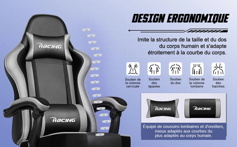 Daccormax Ergonomic Gaming Chair with Footrest, 170° Reclining PU Leather Racing Chair with Lumbar Support, Headrest & Office Comfort