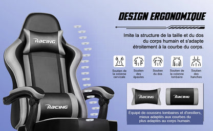 Daccormax Ergonomic Gaming Chair with Footrest, 170° Reclining PU Leather Racing Chair with Lumbar Support, Headrest & Office Comfort