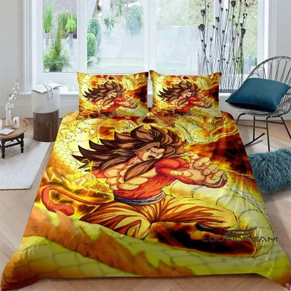 Rajzfilm/anime Son Goku Dragon Ball témájú nyomtatott ágyneműkészlet: Ez a puha és kényelmes készlet egy paplanhuzatot és párnahuzatot tartalmaz.