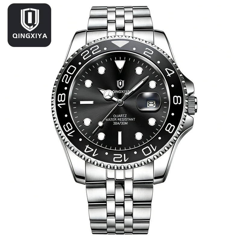 QINGXIYA Luxe herenhorloges met kwartsmechanisme, roestvrij staal, waterdicht, verlicht, datumweergave, herenpolshorloge, reloj hombre