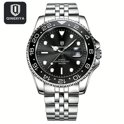 QINGXIYA Luxe herenhorloges met kwartsmechanisme, roestvrij staal, waterdicht, verlicht, datumweergave, herenpolshorloge, reloj hombre
