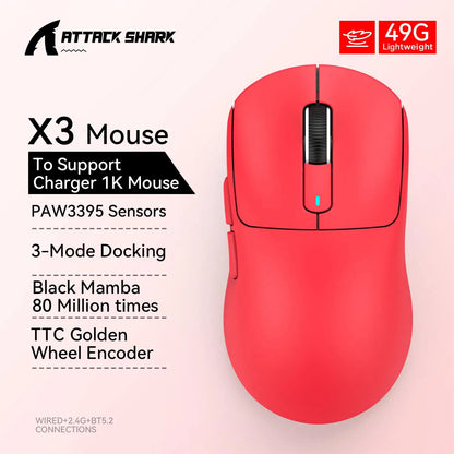 X3 Gaming Mouse Wireless ATTACK SHARK, punainen, 4K-palautusnopeus, Bluetooth Tri-Mode -yhteys, PAW3395, makroilla varustettu Bluetooth-pelihiiri