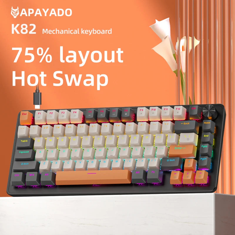 75% Mechanical Keyboard Wired with Media Knob APAYADO Black Gaming Keyboard Hot-Swap ABS Cap Transparent Character Backlighting