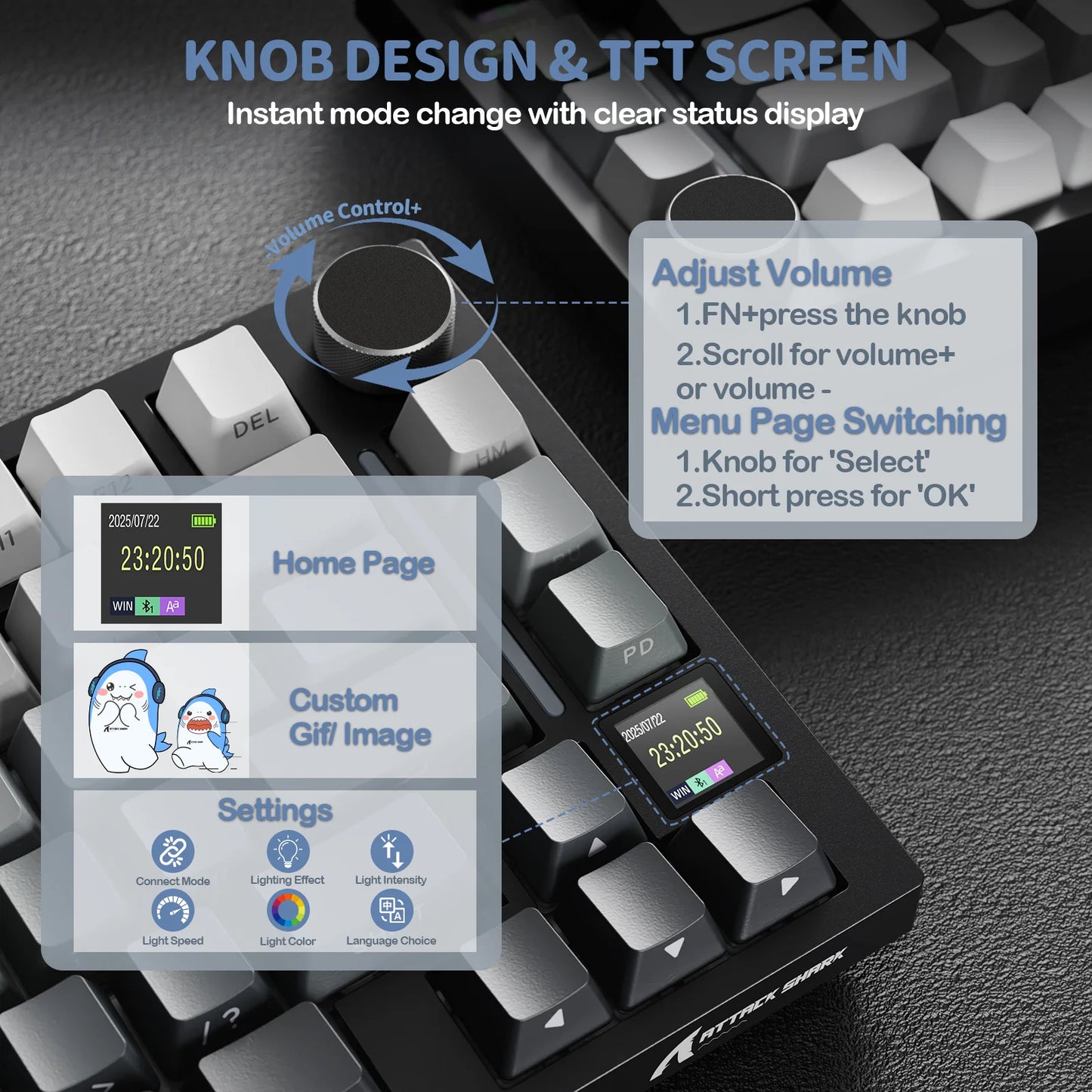 ATTACK SHARK X820 Ultra Gasket Mechanical Keyboard with TFT Screen & Knob, 75% ANSI Layout, Tri-mode, 5 Sound Absorbing Foams