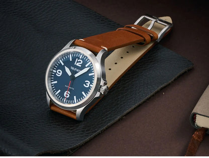 Milifortic Military Watch 39mm NH38 Automatic Mechanical Movement Retro Sapphire Crystal BGW9 Lume Leather Strap 10Bar Watch for Men