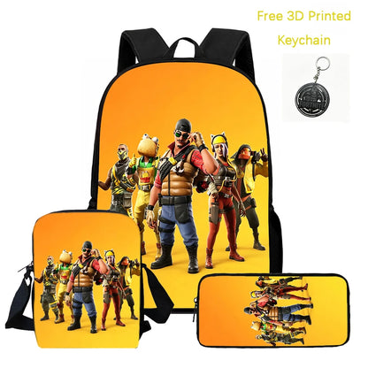 3Pcs Kids Backpack Set, Crossbody & Pencil Bag, FORTNITE Cartoon Bag, Lightweight for Boys Girls 5-10, Free 3D Printed Keychain