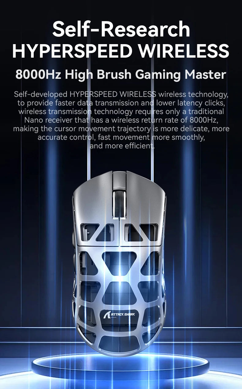 Gaming miška ATTACK SHARK R3 iz magnezijeve zlitine s satasto strukturo, izjemno lahka, 8K Hz, senzor PAW3395, 26000 DPI, ergonomska zasnova
