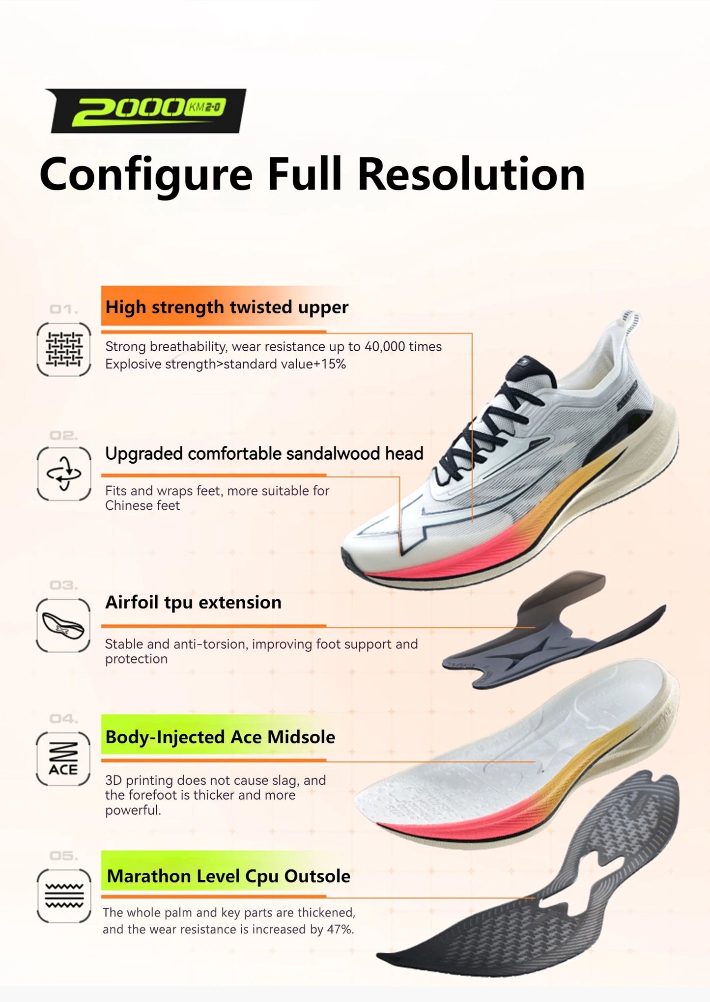 Xtep 2000KM 2.0 Running Shoes for Men, Summer Professional TPU Shock Absorption Sneakers (Suggest Half Size Down) 876219110043