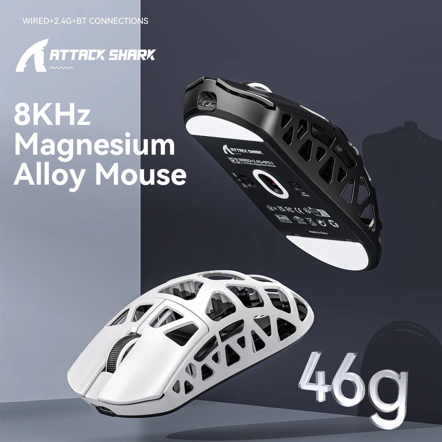 Gaming miška ATTACK SHARK R3 iz magnezijeve zlitine s satasto strukturo, izjemno lahka, 8K Hz, senzor PAW3395, 26000 DPI, ergonomska zasnova