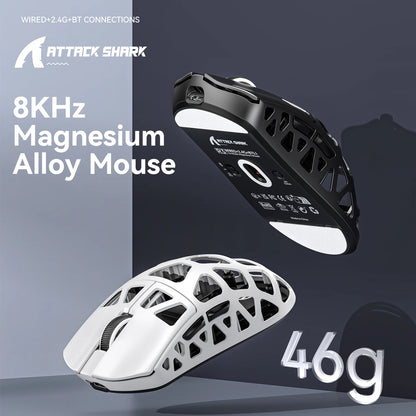 Gaming miška ATTACK SHARK R3 iz magnezijeve zlitine s satasto strukturo, izjemno lahka, 8K Hz, senzor PAW3395, 26000 DPI, ergonomska zasnova