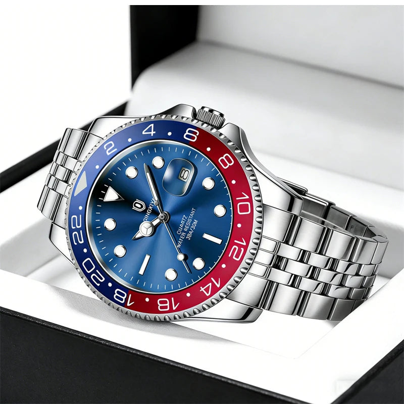 QINGXIYA Luxe herenhorloges met kwartsmechanisme, roestvrij staal, waterdicht, verlicht, datumweergave, herenpolshorloge, reloj hombre
