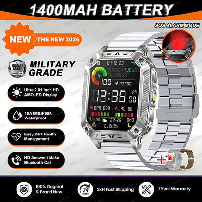 2026 TANK New 1400mAh Military GPS Smart Watch Men 2.01" AMOLED Screen 10ATM Waterproof Clock SOS Call Flashlight Smartwatch iOS