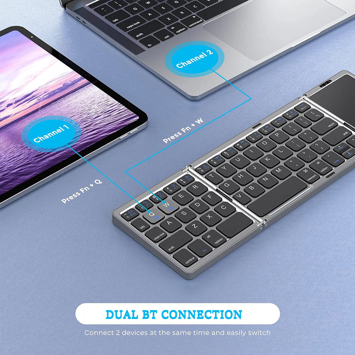 Kaksitoiminen Bluetooth 5.1 -näppäimistö, 3-osainen taitettava mininäppäimistö, ladattava taitettava näppäimistö kosketuslevyllä, Windows-, Android-, iOS- ja iPad-yhteensopiva