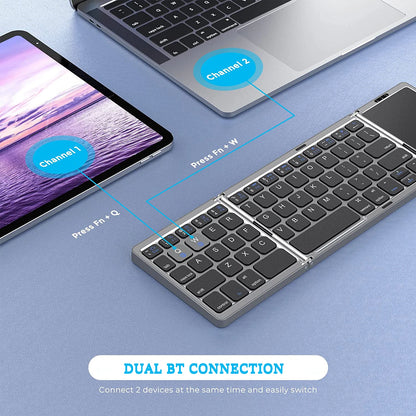Kaksitoiminen Bluetooth 5.1 -näppäimistö, 3-osainen taitettava mininäppäimistö, ladattava taitettava näppäimistö kosketuslevyllä, Windows-, Android-, iOS- ja iPad-yhteensopiva