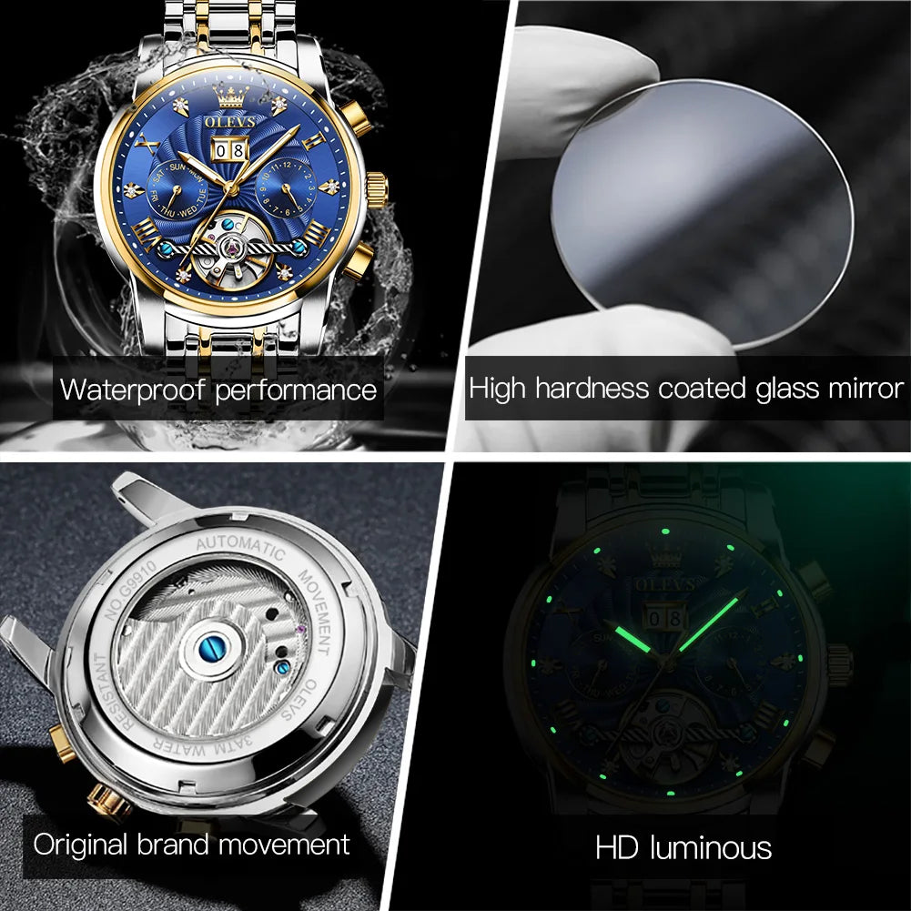 OLEVS 9910 Mens Watch Original Luxury Brand Waterproof Luminous  Automatic Mechanical Watch Dual Calendar Watch Box Reloj