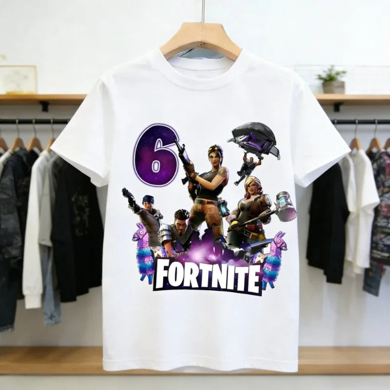 Dziecięca koszulka urodzinowa Fortnites z numerem dla dziewczynek i chłopców, letnia bawełniana koszulka dla niemowląt, imprezowy top z krótkim rękawem, prezent dla malucha