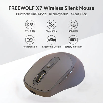 FREEWOLF X7 Wireless Mouse Bluetooth 2.4G Dual Mode Silent Rechargeable 4000DPI Battery Indicator Ergonomic for PC Mac Laptop