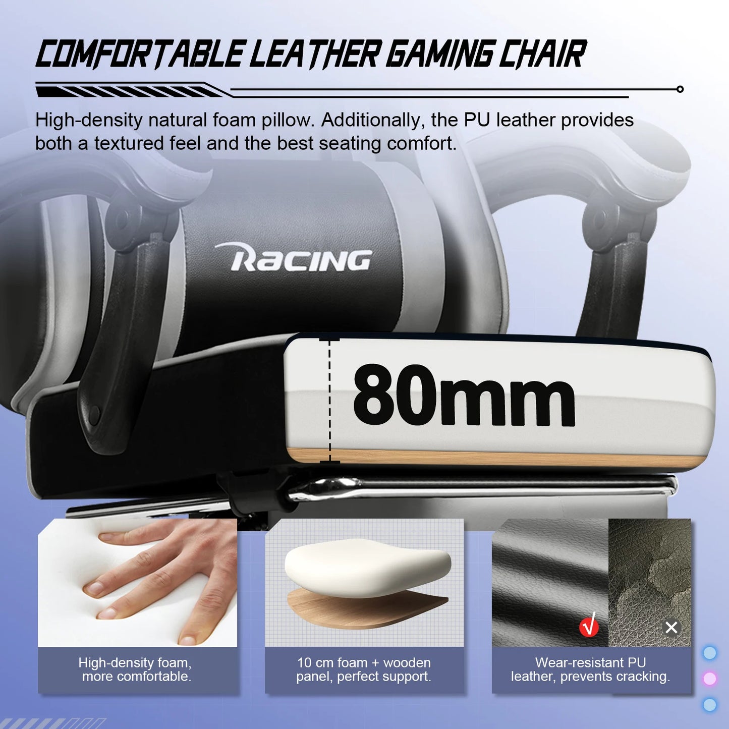 Daccormax Ergonomic Gaming Chair with Footrest, 170° Reclining PU Leather Racing Chair with Lumbar Support, Headrest & Office Comfort