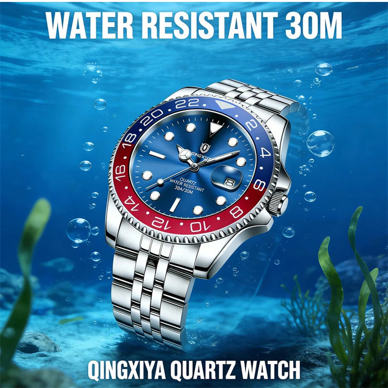 QINGXIYA Luxe herenhorloges met kwartsmechanisme, roestvrij staal, waterdicht, verlicht, datumweergave, herenpolshorloge, reloj hombre