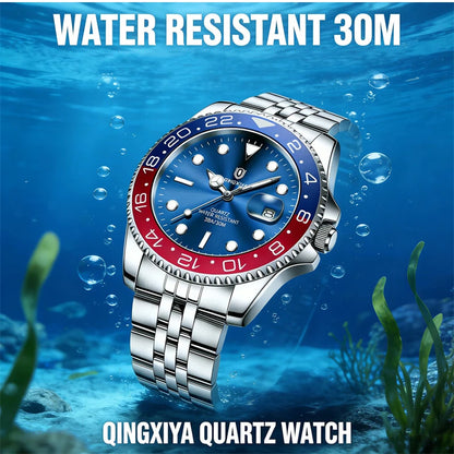 QINGXIYA Luxe herenhorloges met kwartsmechanisme, roestvrij staal, waterdicht, verlicht, datumweergave, herenpolshorloge, reloj hombre