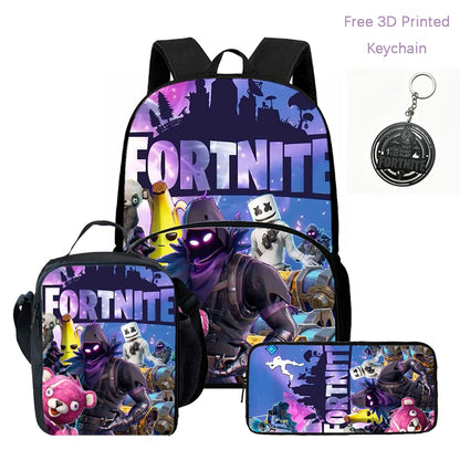 Lightweight FORTNITE 3Pcs Backpack With Front Pocket Lunch Bag Pencil Bag Free 3D Printed Keychain For Boys Girls Kids Aged 5-10