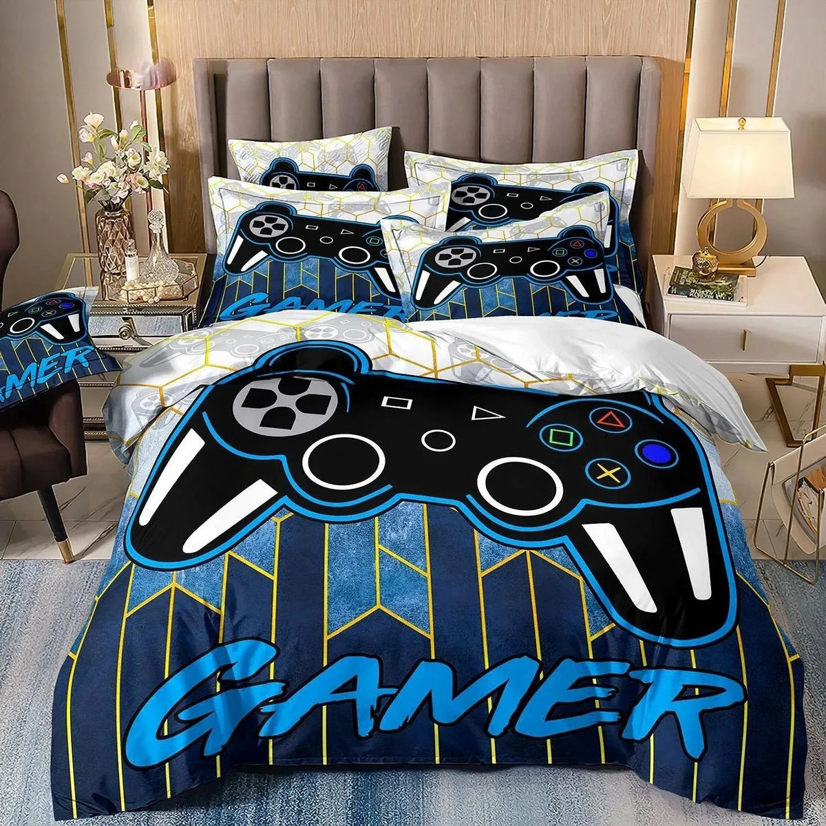 Juegos de cama para niños aficionados a los videojuegos: juego de funda nórdica «Queen» con motivos de videojuegos, juego de cama con diseños de PlayStation para chicos adolescentes