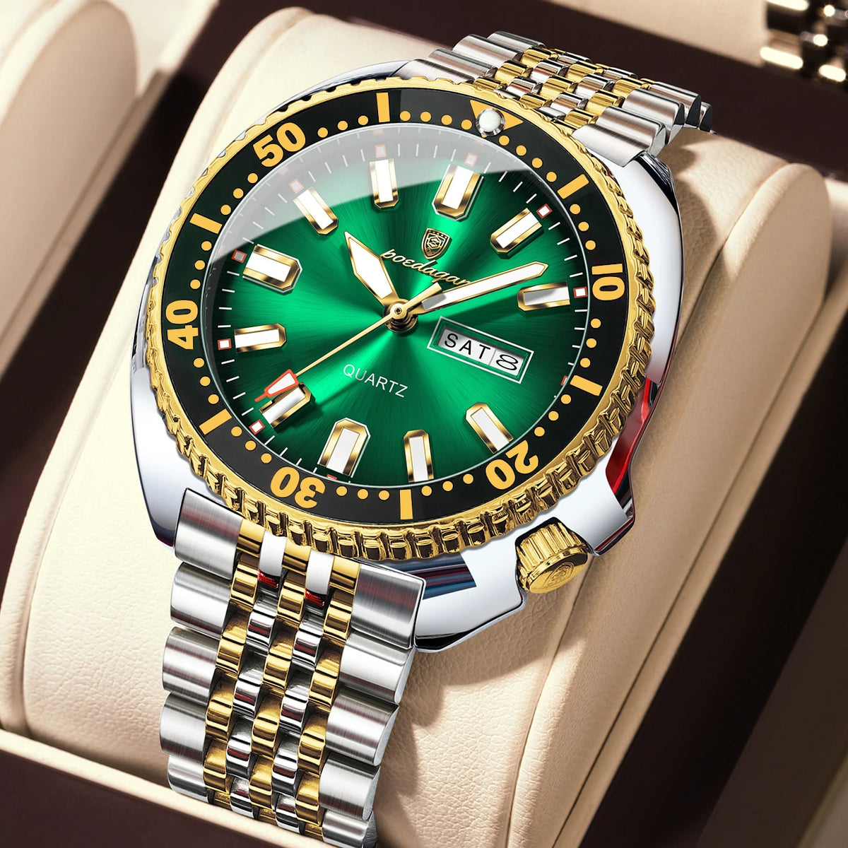 Montre homme POEDAGAR de luxe, style business, avec date et jour de la semaine, étanche et lumineuse, en acier inoxydable et à quartz.