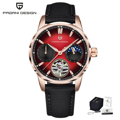 PAGANI DESIGN – Ceas mecanic de lux pentru bărbați, 41 mm, sticlă de safir, curea din piele, rezistent la apă, stil pilot, cu turbilion și fază lunară