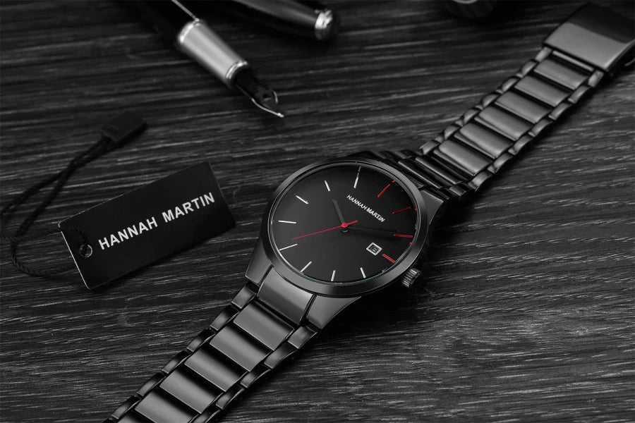 Montre pour homme Hannah Martin, boîtier en acier inoxydable, mouvement à quartz, cadran de 41 mm, style professionnel, avec affichage du calendrier (imitation)