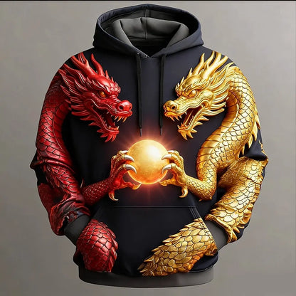 Men's 3D Printed Dragon Clan Golden Dan Pattern Hooded Sweatshirt Casual Polyester Autumn and Winter Casual Clothing