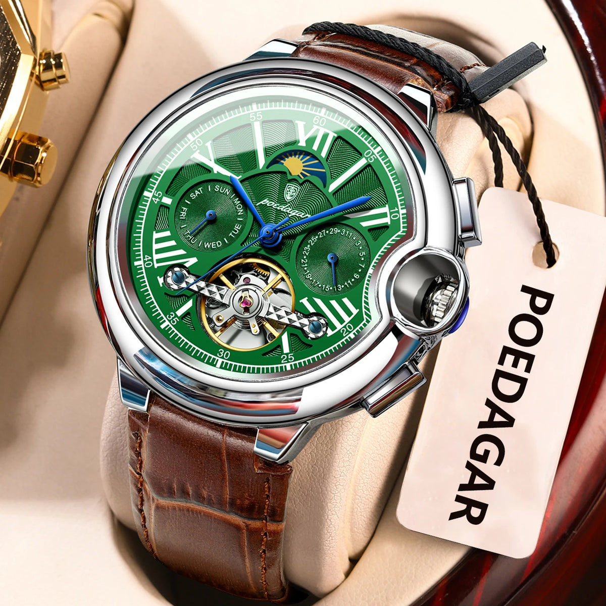 Ceas pentru bărbați POEDAGAR, stil luxos și profesional, cu afișaj al datei și al zilei, tourbillon, carcasă din oțel inoxidabil, mecanism mecanic automat și rezistență la apă.