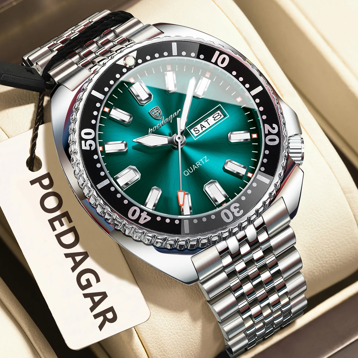 Montre homme POEDAGAR de luxe, style business, avec date et jour de la semaine, étanche et lumineuse, en acier inoxydable et à quartz.