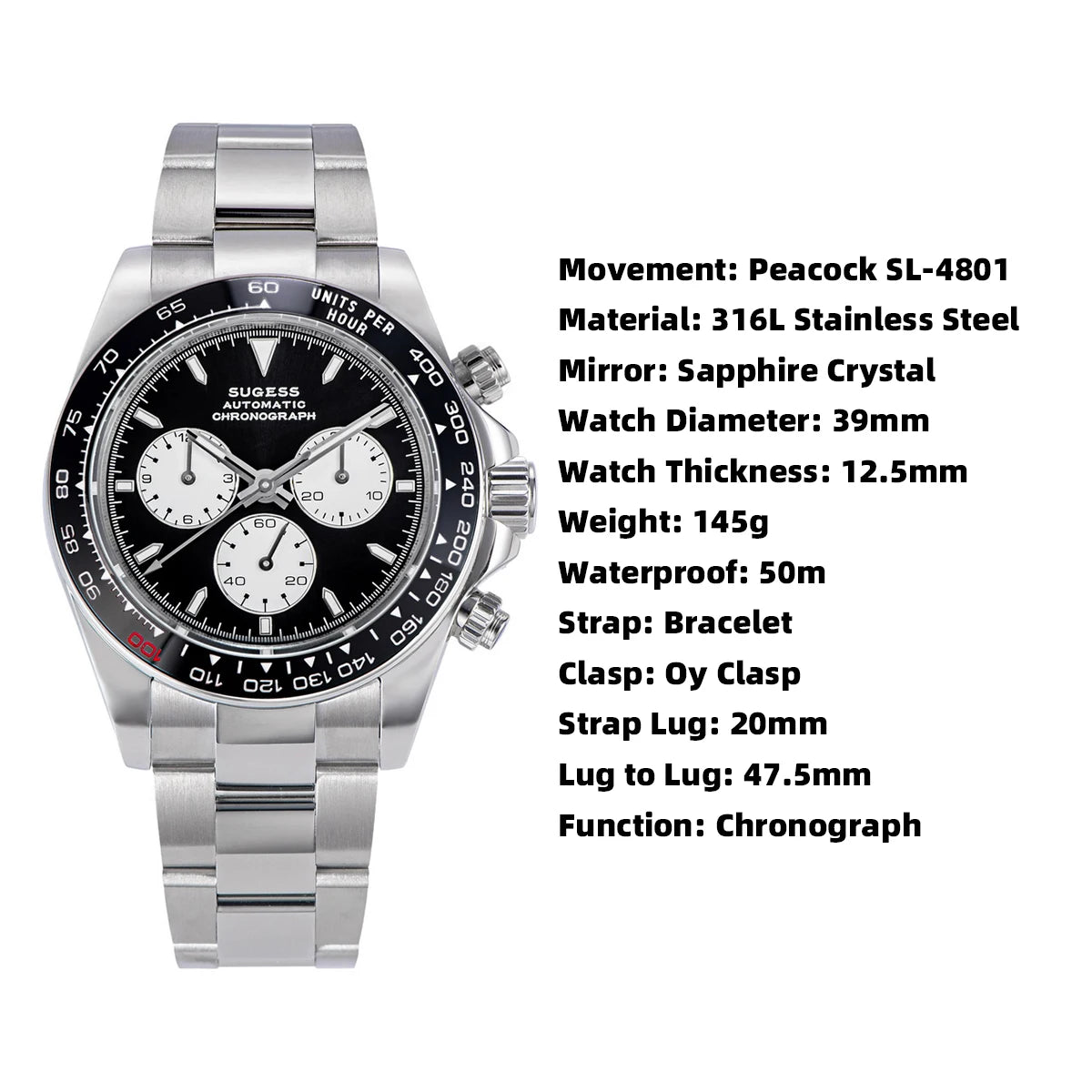 Sugess Diving Men's Watch Panda Automatic Mechanical Chronograph Peacock SL4801 Movement Wristwatch Waterproof Ceramic Bezel New